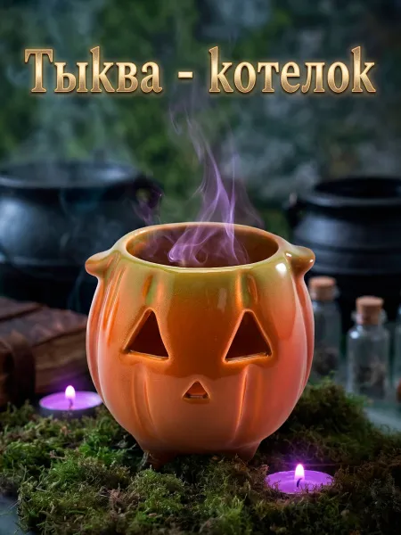 Тыква - котелок, подсвечник из керамики, декор на Хэллоуин, 11 см